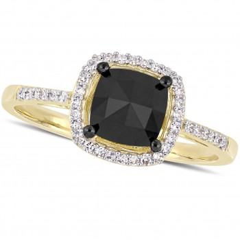 Cushion Black and Round White Diamond Halo Ring 14k Y. Gold (1.02ct)