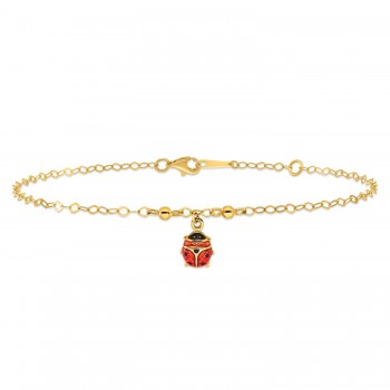 Enameled Ladybug 9inch with 1inch Extension Anklet Bracelet in 14k Gold