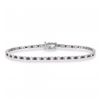 Alternating Diamond & Lab Alexandrite Eternity Tennis Bracelet 14K White Gold (3.37ct)