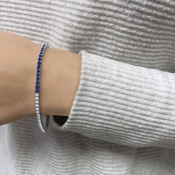 Lab Grown Diamond & Blue Sapphire Eternity Tennis Bracelet 14K White Gold (3.20ct)