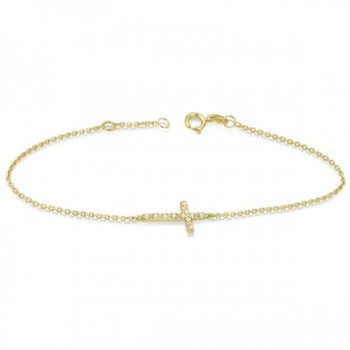 Diamond Accented Sideways Cross Bracelet in 14k Yellow Gold (0.10cts)