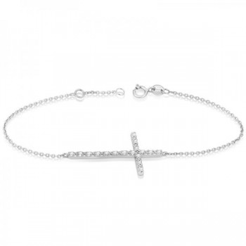 Sideways Cross Chain Bracelet & Diamond Accents 14k White Gold 0.20ct