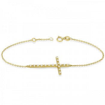 Sideways Cross Chain Bracelet & Diamond Accents 14k Yellow Gold 0.20ct