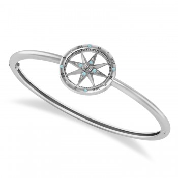 Aquamarine & Diamond Compass Bangle Bracelet 14k White Gold (0.19ct)