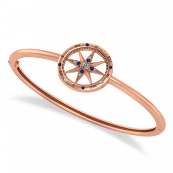 Blue Sapphire & Diamond Compass Bangle Bracelet 14k Rose Gold (0.19ct)