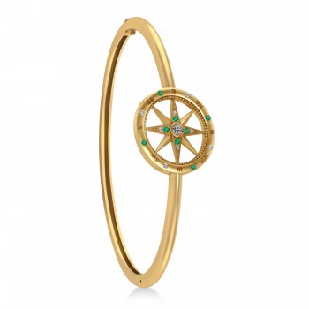 Emerald & Diamond Compass Bangle Bracelet 14k Yellow Gold (0.19ct)