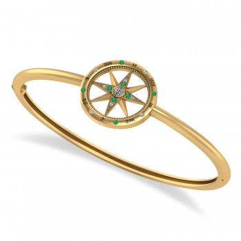 Emerald & Diamond Compass Bangle Bracelet 14k Yellow Gold (0.19ct)