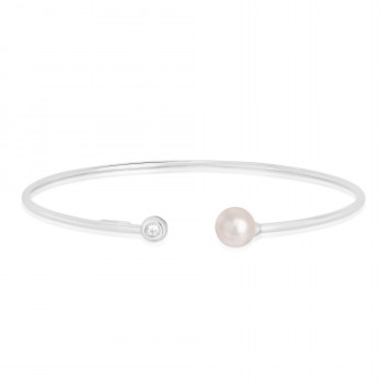 Diamond and Pearl Open Bangle 14k White Gold (0.04ct)
