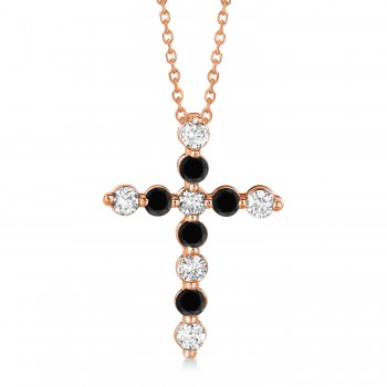 Black & White Diamond Cross Pendant Necklace in 14k Rose Gold (1.01ct)