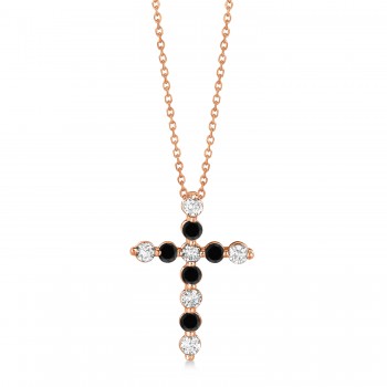 Black & White Diamond Cross Pendant Necklace in 14k Rose Gold (1.01ct)