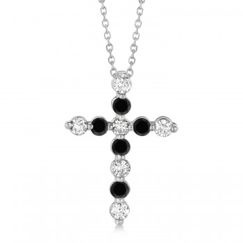 Black & White Diamond Cross Pendant Necklace in 14k White Gold (1.01ct)