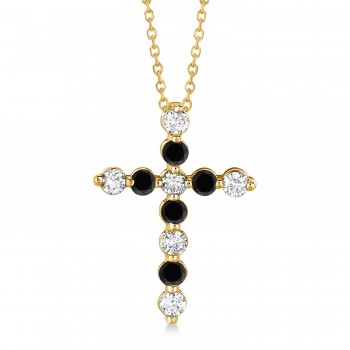 Black & White Diamond Cross Pendant Necklace in 14k Yellow Gold (1.01ct)