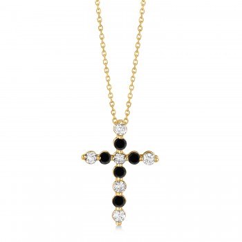 Black & White Diamond Cross Pendant Necklace in 14k Yellow Gold (1.01ct)