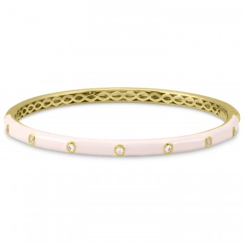 Natural Diamond & Pink Enamel Bangle Bracelet 14K Yellow Gold (0.20ct)
