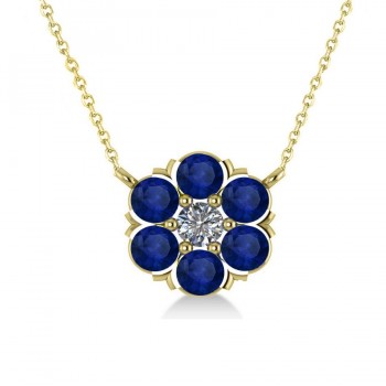 Blue Sapphire & Diamond Cluster Pendant Necklace 14k Yellow Gold (1.06ct)