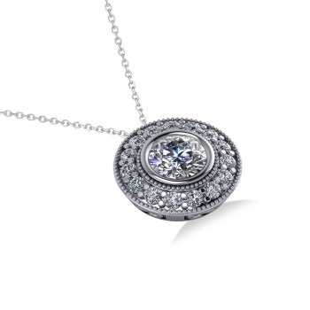 Round Diamond Halo Pendant Necklace 14k White Gold (1.45ct)