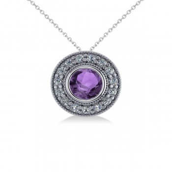 Round Amethyst & Diamond Halo Pendant Necklace 14k White Gold (1.55ct)