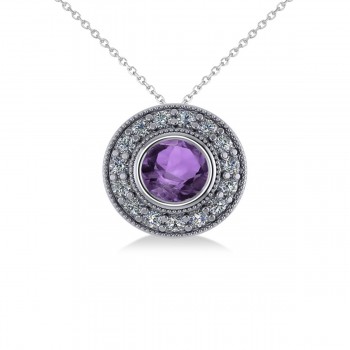 Round Amethyst & Diamond Halo Pendant Necklace 14k White Gold (1.55ct)