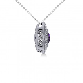 Round Amethyst & Diamond Halo Pendant Necklace 14k White Gold (1.55ct)