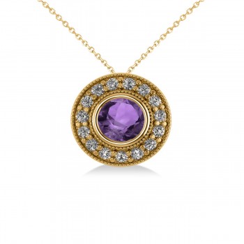 Round Amethyst & Diamond Halo Pendant Necklace 14k Yellow Gold (1.55ct)