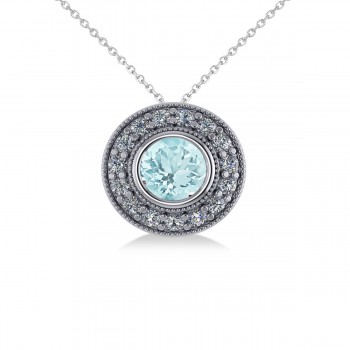 Round Aquamarine & Diamond Halo Pendant Necklace 14k White Gold (1.76ct)