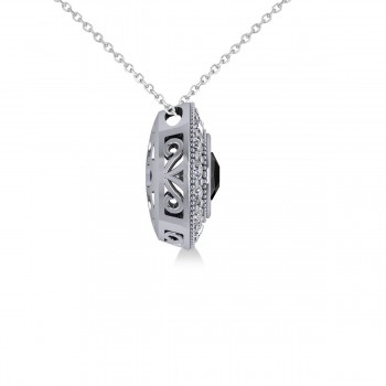 Round Black Diamond & Diamond Halo Pendant Necklace 14k White Gold (1.45ct)