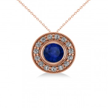 Round Blue Sapphire & Diamond Halo Pendant Necklace 14k Rose Gold (1.86ct)