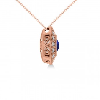 Round Blue Sapphire & Diamond Halo Pendant Necklace 14k Rose Gold (1.86ct)