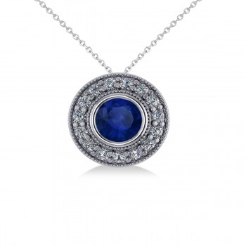 Round Blue Sapphire & Diamond Halo Pendant Necklace 14k White Gold (1.86ct)