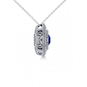 Round Blue Sapphire & Diamond Halo Pendant Necklace 14k White Gold (1.86ct)