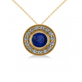Round Blue Sapphire & Diamond Halo Pendant Necklace 14k Yellow Gold (1.86ct)