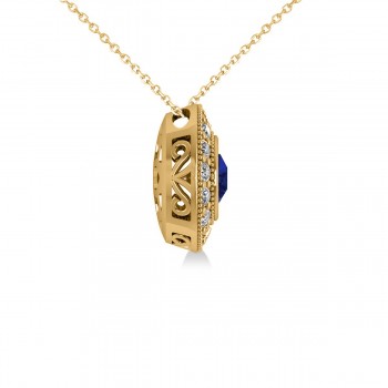 Round Blue Sapphire & Diamond Halo Pendant Necklace 14k Yellow Gold (1.86ct)