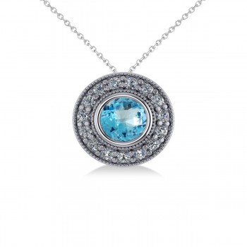 Round Blue Topaz & Diamond Halo Pendant Necklace 14k White Gold (1.81ct)