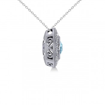 Round Blue Topaz & Diamond Halo Pendant Necklace 14k White Gold (1.81ct)