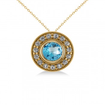 Round Blue Topaz & Diamond Halo Pendant Necklace 14k Yellow Gold (1.81ct)