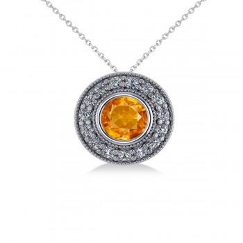 Round Citrine & Diamond Halo Pendant Necklace 14k White Gold (1.55ct)