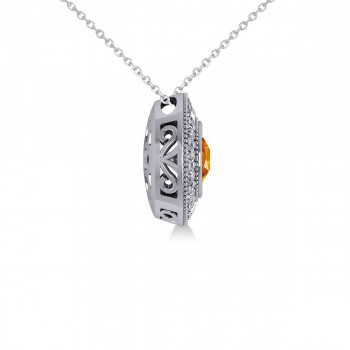 Round Citrine & Diamond Halo Pendant Necklace 14k White Gold (1.55ct)