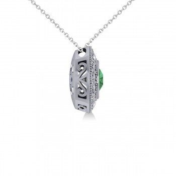 Round Emerald & Diamond Halo Pendant Necklace 14k White Gold (1.71ct)