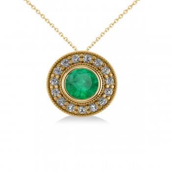 Round Emerald & Diamond Halo Pendant Necklace 14k Yellow Gold (1.71ct)