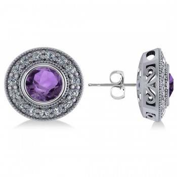 Amethyst & Diamond Halo Round Earrings 14k White Gold (3.10ct)