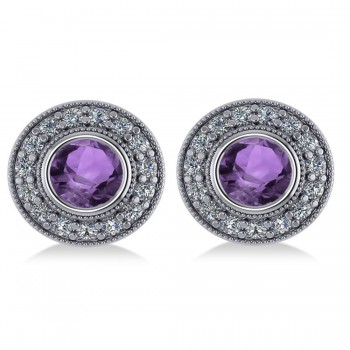 Amethyst & Diamond Halo Round Earrings 14k White Gold (3.10ct)