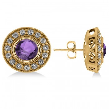 Amethyst & Diamond Halo Round Earrings 14k Yellow Gold (3.10ct)