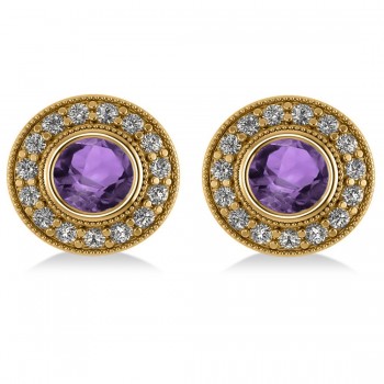 Amethyst & Diamond Halo Round Earrings 14k Yellow Gold (3.10ct)