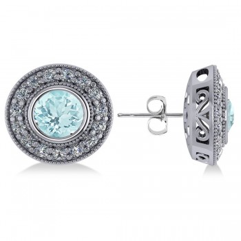 Aquamarine & Diamond Halo Round Earrings 14k White Gold (3.52ct)