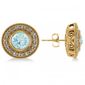 Aquamarine & Diamond Halo Round Earrings 14k Yellow Gold (3.52ct)