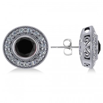 Black Diamond & Diamond Halo Round Earrings 14k White Gold (2.90ct)