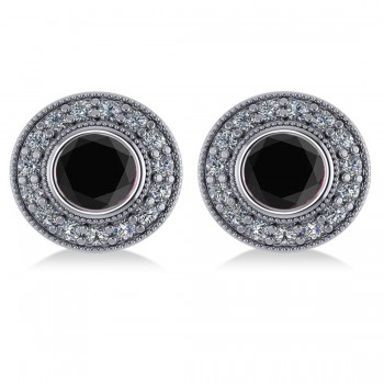 Black Diamond & Diamond Halo Round Earrings 14k White Gold (2.90ct)