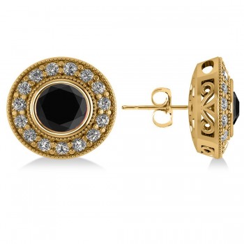 Black Diamond & Diamond Halo Round Earrings 14k Yellow Gold (2.90ct)