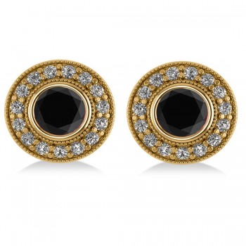 Black Diamond & Diamond Halo Round Earrings 14k Yellow Gold (2.90ct)