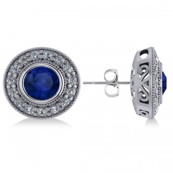 Blue Sapphire & Diamond Halo Round Earrings 14k White Gold (3.72ct)